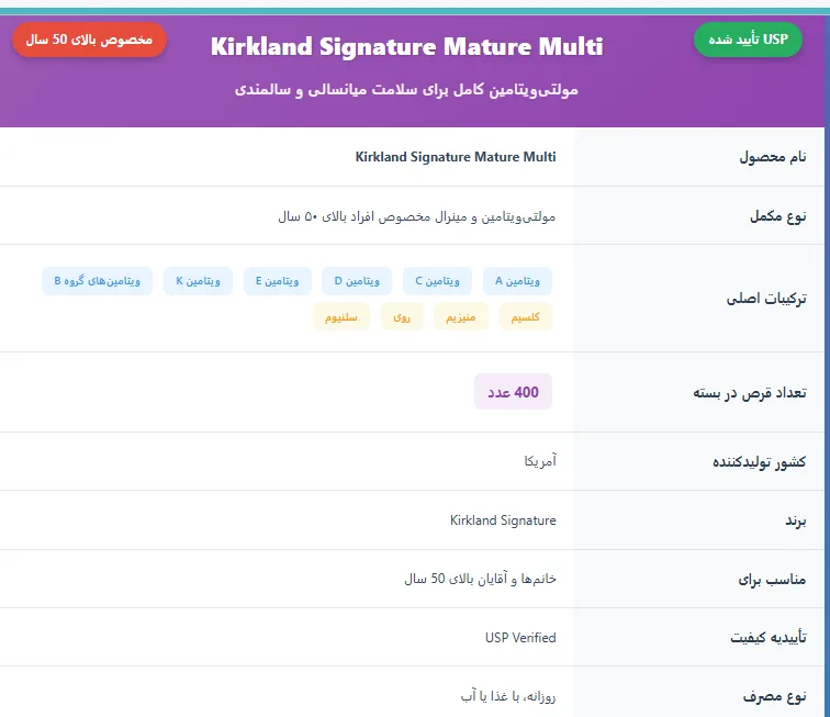 متیور مولتی ویتامین کرکلند بالای ۵۰ سال