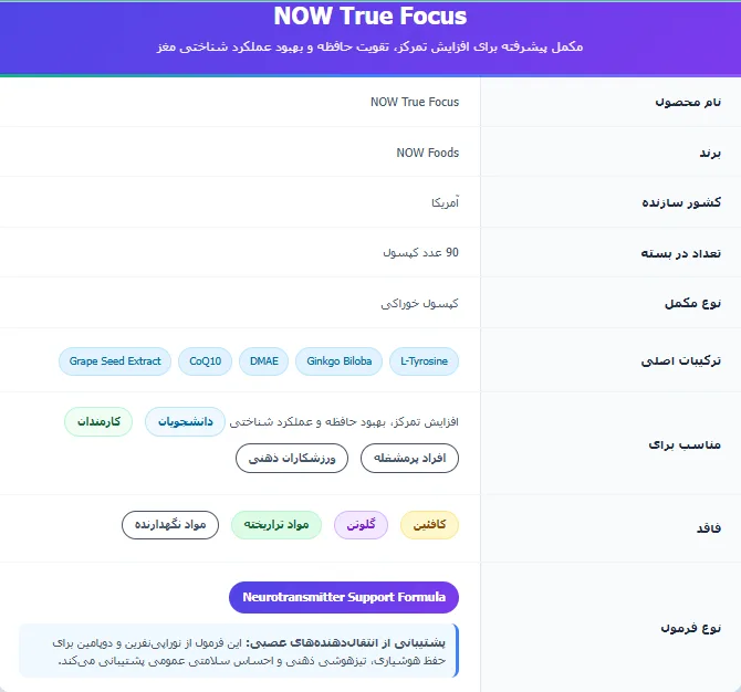 ترو فوکوس ناو فودز افزایش دهنده تمرکز