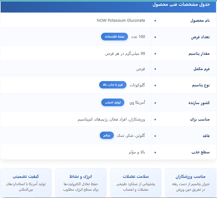 گلوکونات پتاسیم ناو 100 عددی NOW Potassium Gluconate 99 mg
